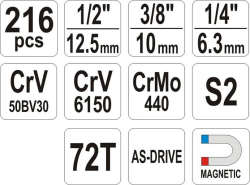 Gola sada s klíči 1/2", 1/4" a 3/8", 216 ks - YT-38841