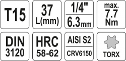 Hlavice s bitem TORX 1/4" T15 YATO - YT-04303