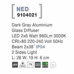 Svítidlo Nova Luce NED WALL GREY nástěnné, IP 54, 2x6 W 