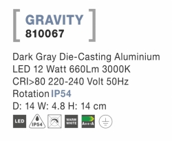 Svítidlo Nova Luce GRAVITY WALL GREY nástěnné, IP 54, 12 W