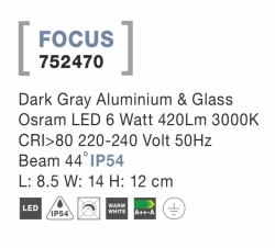 Svítidlo Nova Luce FOCUS WALL GREY nástěnné, IP 54, 6 W