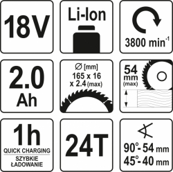 AKU kotoučová pila,18 V, 2 Ah, 165 mm - YT-82810